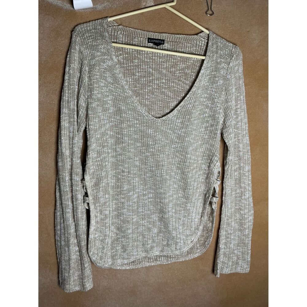 EXPRESS Knit Sweater V Neck Lace Up Sides Beige Casual Women's Size‎ S